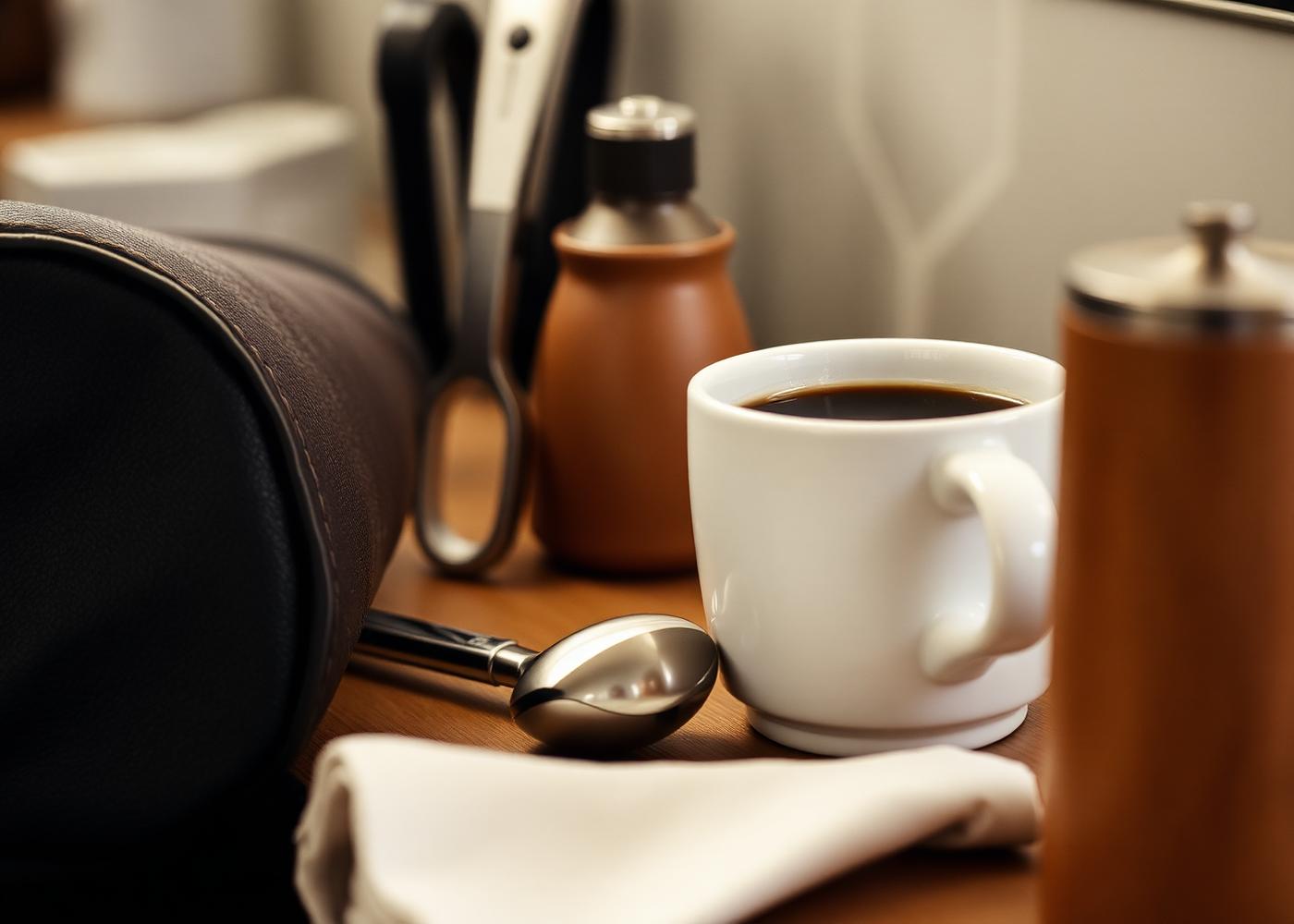 Café servido em um momento de pausa, ao lado de ferramentas de barbearia